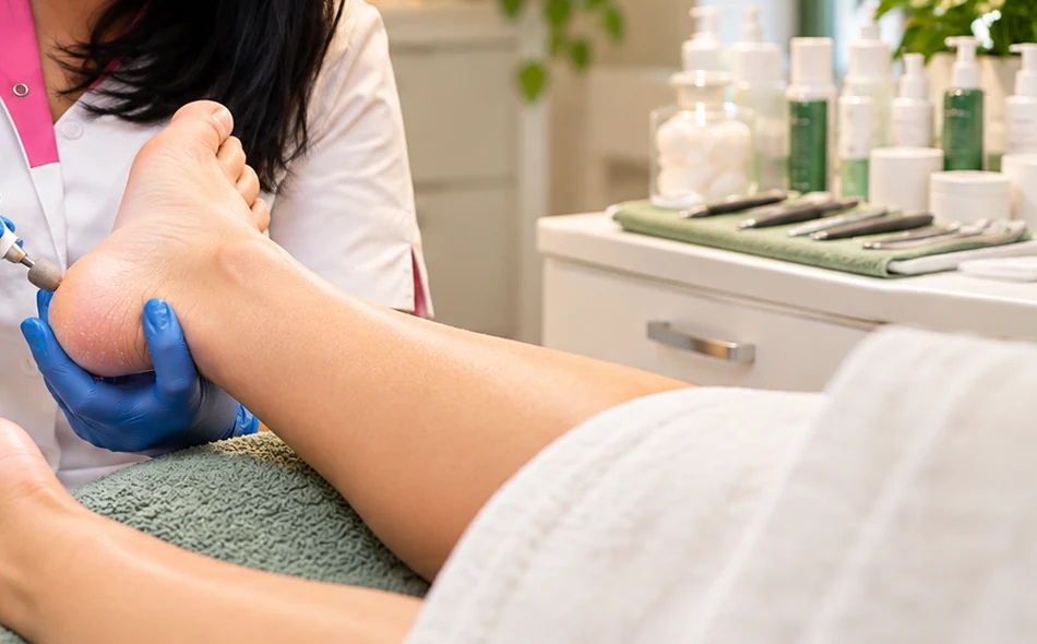 Behandeling van de hiel met een pedicure-instrument
