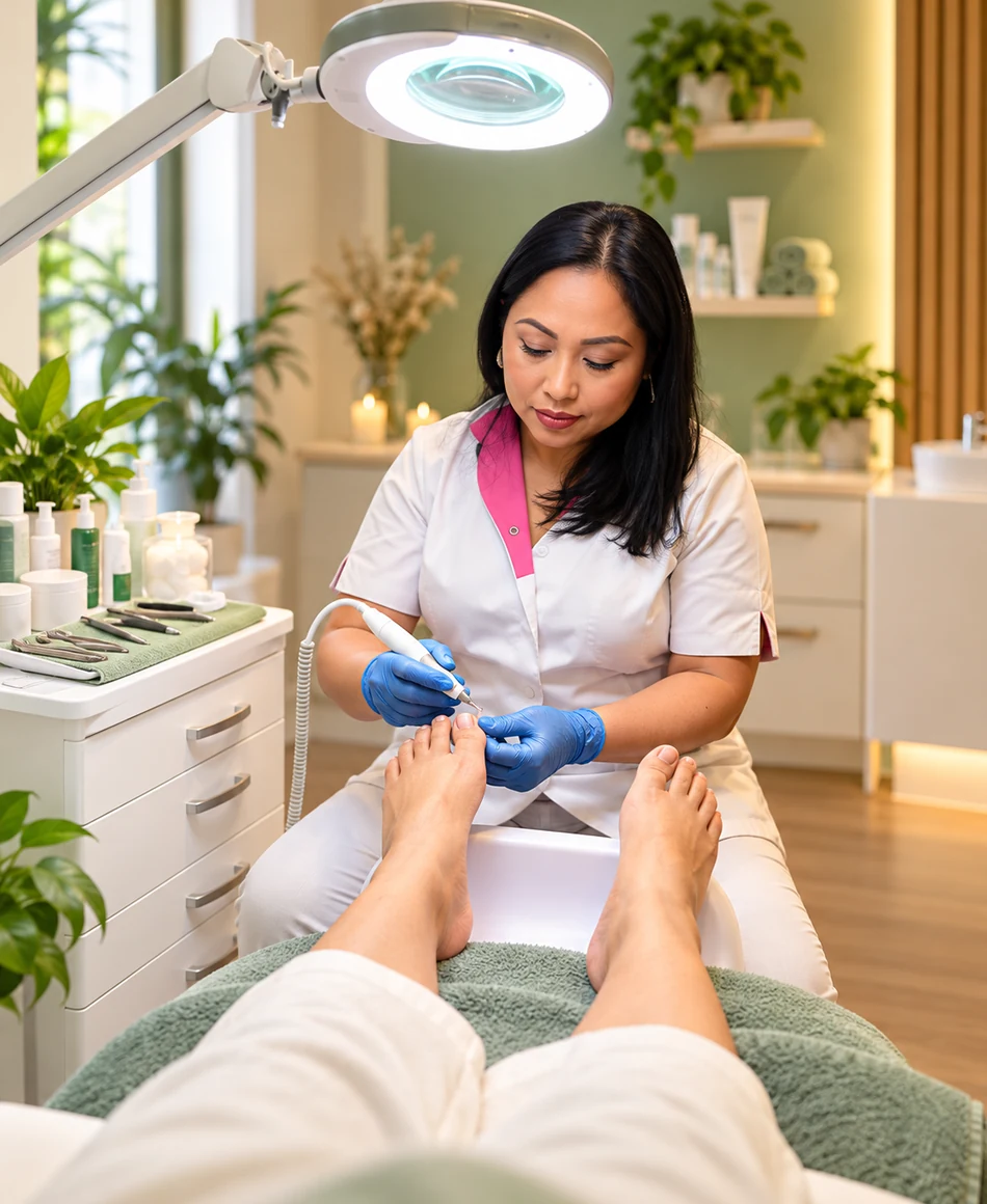 Sfeervolle illustratie van een pedicurebehandeling in een lichte behandelruimte